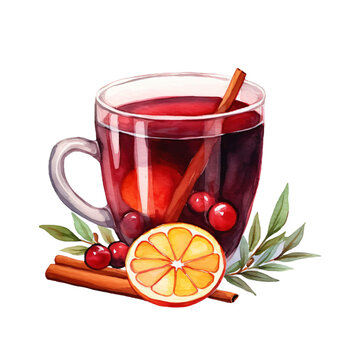 Watercolor artwork Illustration mulled wine with lemon and spices