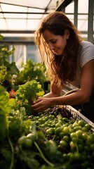 An attractive woman is working in the Garden, picking Fresh Vegetables and herbs in the Greenhouse On the Roof. Agriculture, Harvest, Summer, Autumn, Organic Products, Healthy Food, City Farmer.