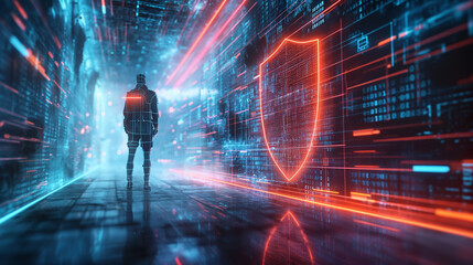 A human stands before a glowing digital shield symbolizing cybersecurity, with a mysterious hacker ambiance. - obrazy, fototapety, plakaty