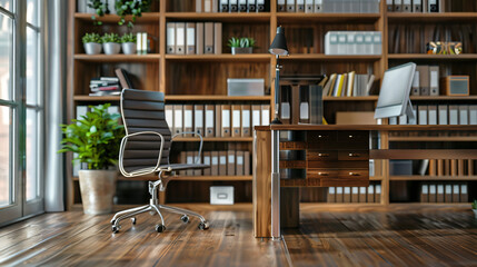 Office interior. Armchair desk and folders