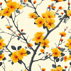 yellow bushes flower pattern, frameless pattern to enlarge and use as graphic element like background, tiles, ai generated