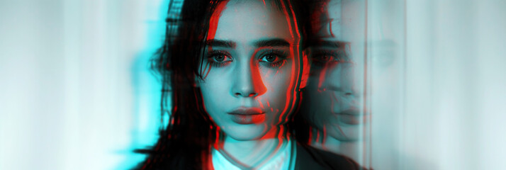 young girl with mental disorders and schizophrenia. Blurred portrait of a psychopath schizophrenic woman with bipolar disorders and hallucinations with a glitch effect - obrazy, fototapety, plakaty