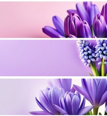 Set of four spring banners 3:1, flowers with free space, purple, green colors.
