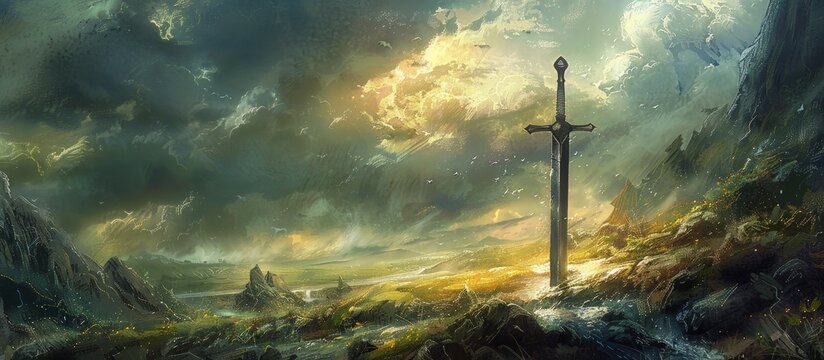 Close up an ancient sword stuck in a rock on dramatic scene landscape background. AI generated