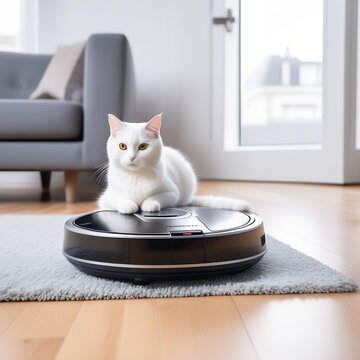 Cat and robot vacuum cleaner. Home furnishings and pets. Image for advertising household appliances and real estate services.