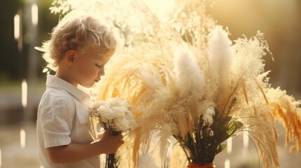 Young boy near flowers with copy space on blurred background, seasonal allergies concept. Bloom - obrazy, fototapety, plakaty