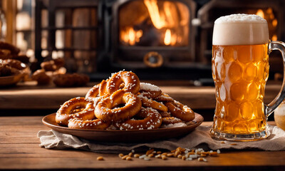glass of beer and brezel. Selective focus. - obrazy, fototapety, plakaty