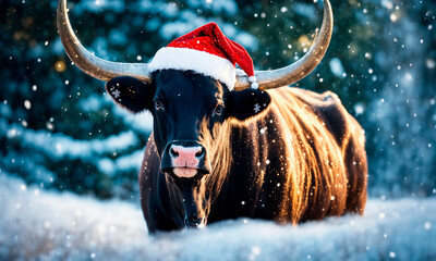 bull in santa's hat year of the ox. Selective focus. - obrazy, fototapety, plakaty