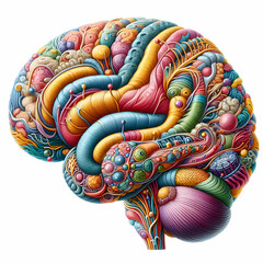 A colorful and detailed illustration of the human brain anatomy, showing the different regions and functions of the central organ of the nervous system, brain, anatomy, colourful, 