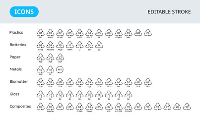 Recycling codes icons. Ecological materials symbols. Identification of signs for packaging. Collection of elements on a white background. Editable stroke. © 2olotarev