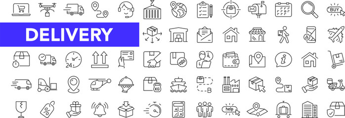 Fototapeta na wymiar Delivery and logistics icon set with editable stroke. Shipping and tracking thin line icon collection. Vector illustration