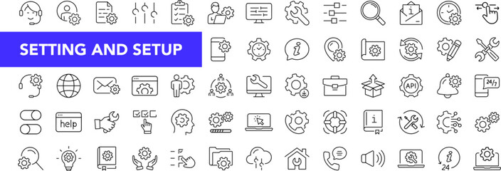 Settings and setup icon set with editable stroke. Setting and setup thin line icon collection. Vector illustration