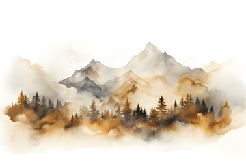 Watercolor landscape with mountains. Snowy mountains and the forest beneath them.
