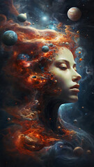 Beautiful female face in space with stars and planets. Fantasy art.