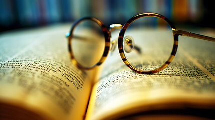 Pair of spectacles resting on book with blurry text - Powered by Adobe