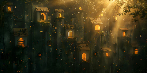  landscape city mystic poster, Fireflies at night
