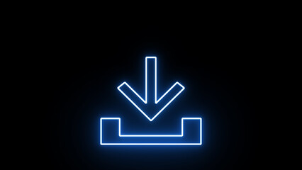 Blue neon downloading symbol, arrow on black transparent background with alpha channel. Creative modern downloading arrow process icon