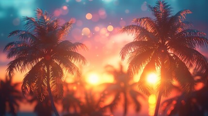 Vintage Bokeh Lights And Silhouette Tropical Palm Trees At Sunset - Summer Vacation
