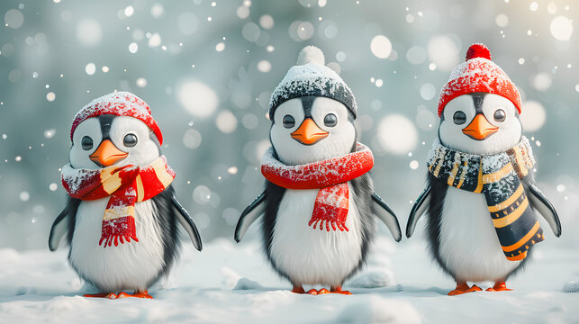 Group of red-striped scarf penguins With a Santa Claus hat wading through the snow. The concept of adventure, struggle, endurance, goal setting, success.