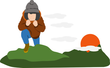 登山をして登頂した女性のイラスト