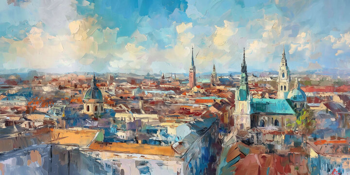  an oil painting of the vienna skyline, in the style of impressionistic venice scenes. Generative ai.