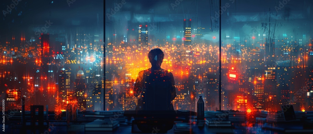 Poster Working on a computer against a technology background as a business person