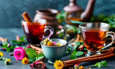 cup of tea with herbs. Selective focus. - obrazy, fototapety, plakaty