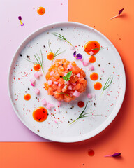Fresh Salmon Tartar on Artfully Arrange Plate with Finely Chopped Raw Salmon Fish - Tartar Sauce and Vibrant Greens and Accompaniments - Healthy Protein