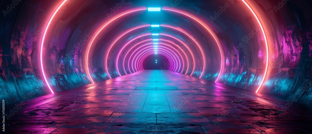 Poster Shadowed Spectrum: Exploring 3D futuristic sci-fi high-tech empty space pathways with neon black and purple light strips in cyberpunk colors