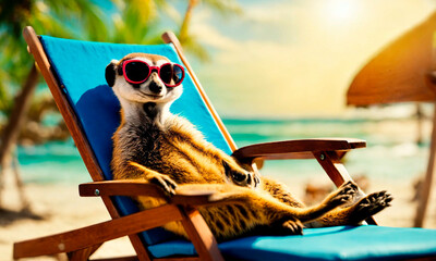 meerkat resting on the sea and by the pool. Selective focus. - obrazy, fototapety, plakaty