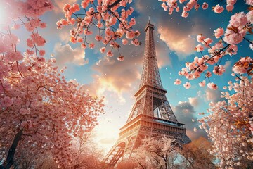 Eiffel tower with cherry blossom trees in full bloom in Paris, on a sunny day