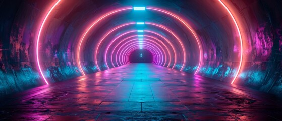 Shadowed Spectrum: Exploring 3D futuristic sci-fi high-tech empty space pathways with neon black and purple light strips in cyberpunk colors