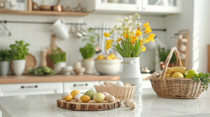 Fototapeta na wymiar Elegant Easter Kitchen Decor with Eggs. A beautifully arranged kitchen scene for Easter, featuring a white bunny figurine, patterned eggs, and spring blossoms in a soft, pastel color palette.