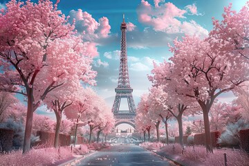Eiffel tower with cherry blossom trees in full bloom in Paris, on a sunny day