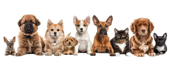 Different types and sizes of dogs group, isolated transparent background