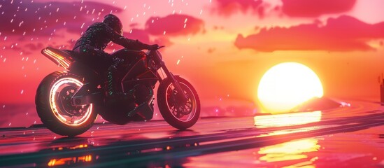 Obraz premium Illustration cyberpunk biker riding motorbike on a retro wave beach in the sunset. AI generated