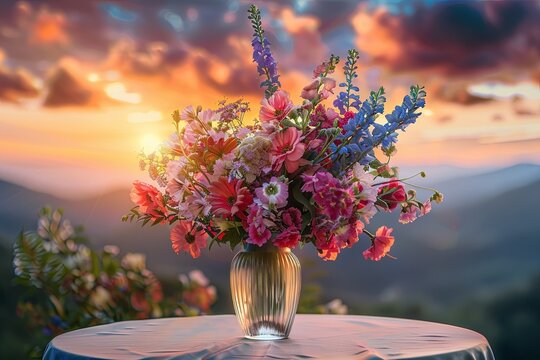 Summer flowers in a vase on table. Warm colors