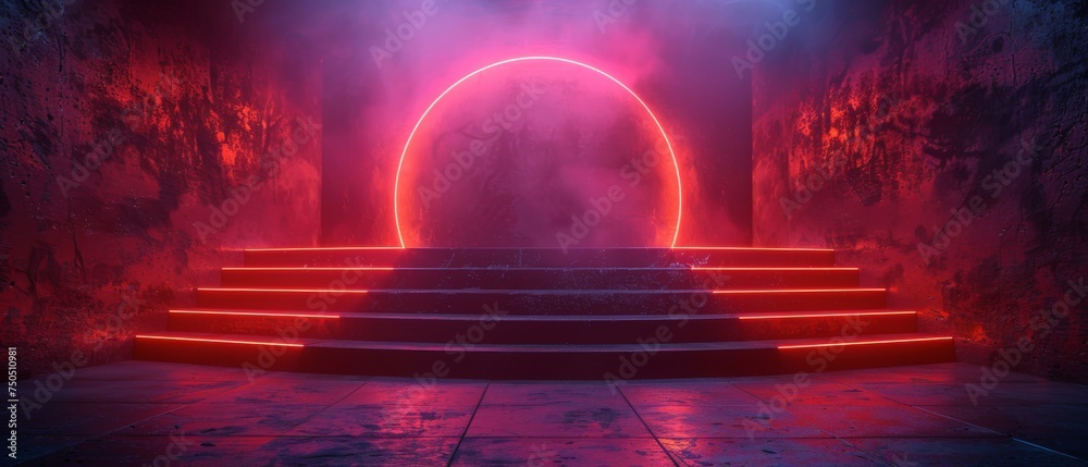 Poster an innovative futuristic podium. a 3d rendering of a futuristic stage neon.