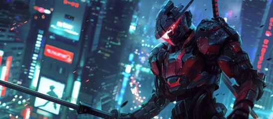 Modern futuristic robot with sword in a cyberpunk city night. AI generated image - obrazy, fototapety, plakaty
