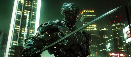 Modern futuristic robot with sword in a cyberpunk city night. AI generated image