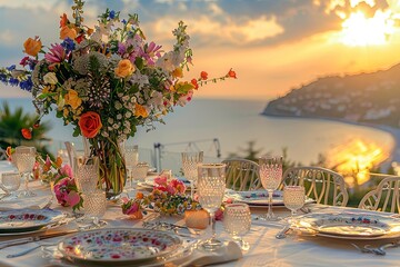 table set for a breakfast against a breathtaking backdrop of summer sunrise on Italian riviera - obrazy, fototapety, plakaty