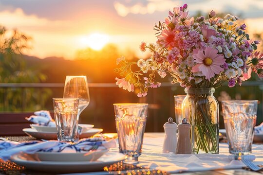 table set for a breakfast against a breathtaking backdrop of summer sunrise on Italian riviera