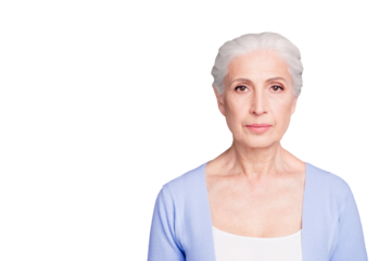 Grey haired old nice beautiful confident pleasant woman. Copy blank empty space. Isolated over violet purple background