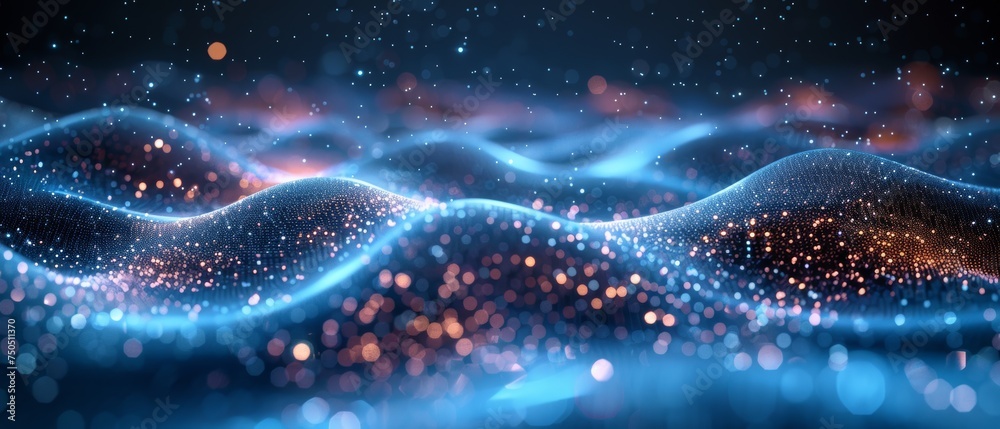 Poster A dark blue abstract cyberspace background with an abstract wave shape on a low-polygonal triangular background.