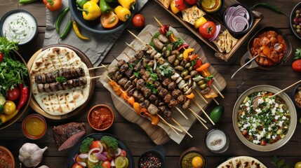 a table filled with various types of kebab, including the exquisite Beyti kebab, presented in a...