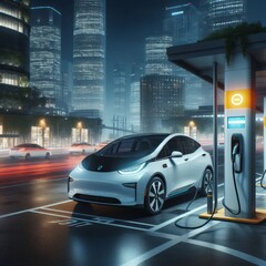 Electric car charging in the station, night time.