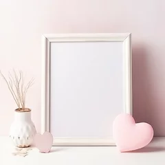 Fotobehang side view of a wooden frame on the table decorated for St. Valentines Day, lifestyle photography, full view, close up, white, pink and sage, clean and modern © Kaan