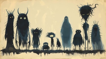 Silhouettes of funny cartoon monsters