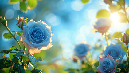 Blue roses against blue spring sky with sunlight. Flower rose edge frame nature. Beautiful flower plants blooming in the summer or spring