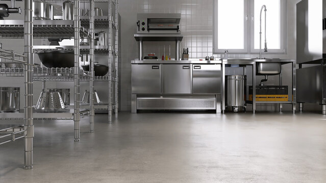 New, clean resin vinyl floor in commercial, industrial bakery kitchen, stainless steel sink, cabinet, shelf with professional baking equipment, machines, kitchenware for restaurant background 3D